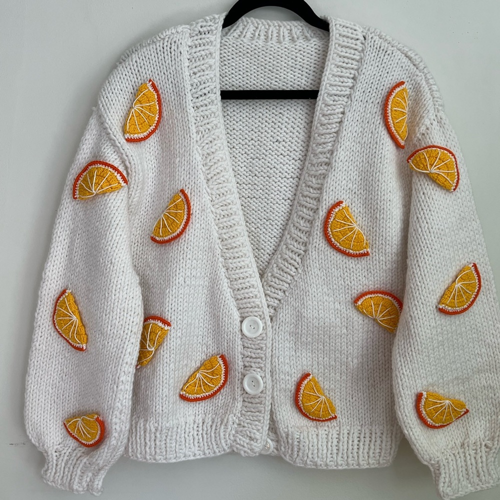 White Knit Cardigan with Yellow-Orange Citrus Appliqués
